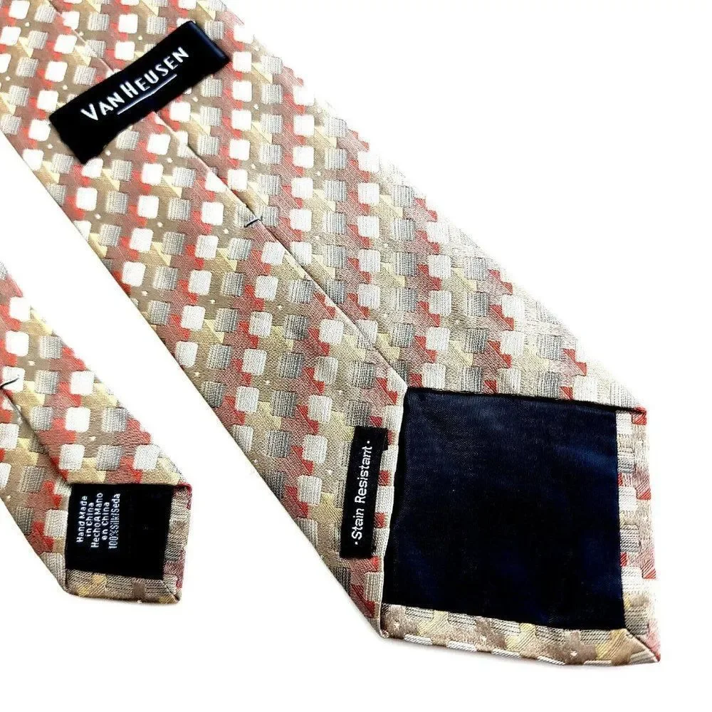 Van Heusen Brown Tan Red Woven Geometric Stain Resistant Silk Tie‎